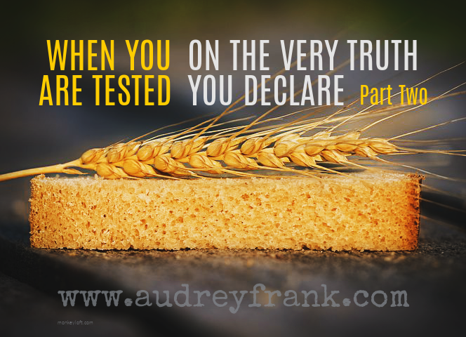 A stalk of wheat lying on a thick slice of golden bread. The words When you are tested on the very truth you declare, Part Two describe the subject of the post.
