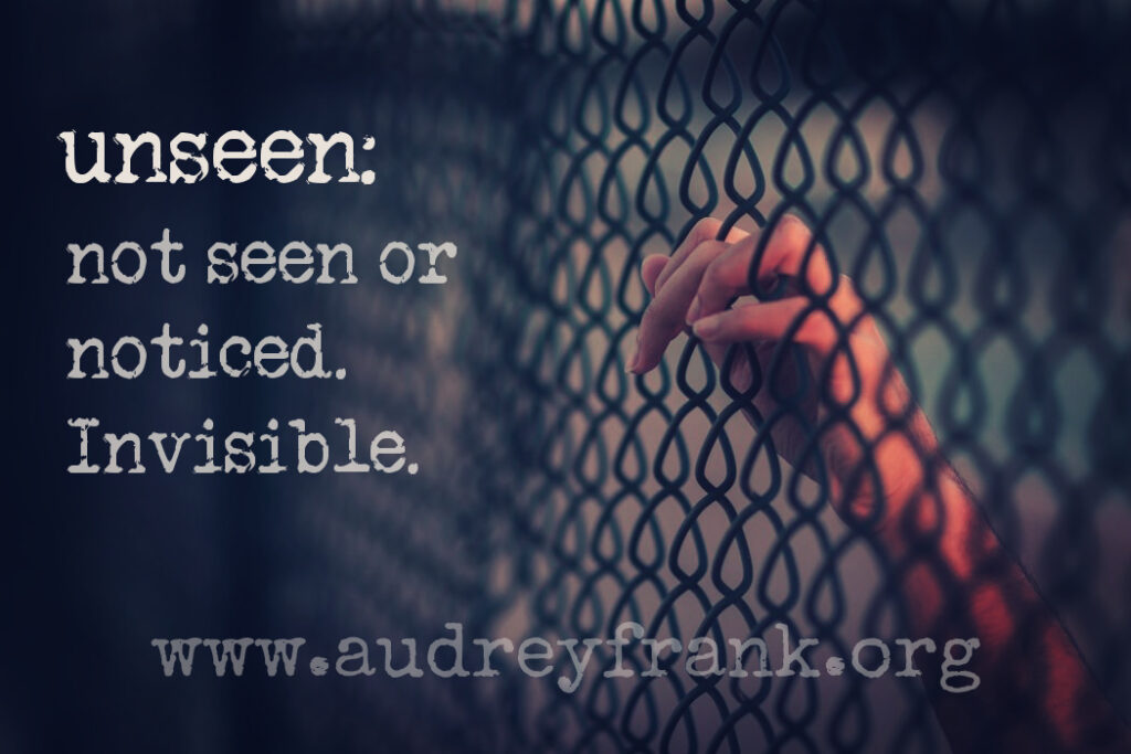 a hand gripping a chain-link fence, trapped. The words unseen:  not seen or noticed, Invisible, describing the subject of the article that follows. www.audreyfrank.org