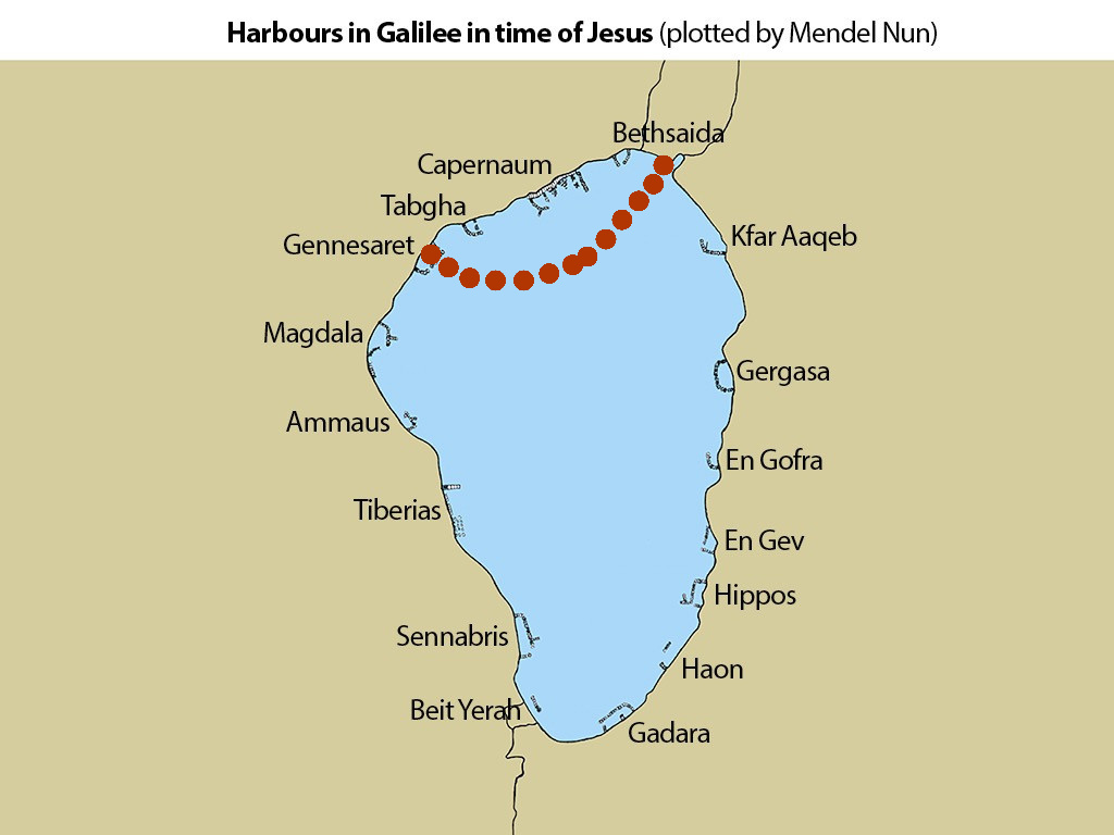 A map of ports during Jesus' time, focusing on the distance between Gennesaret and Bethsaida