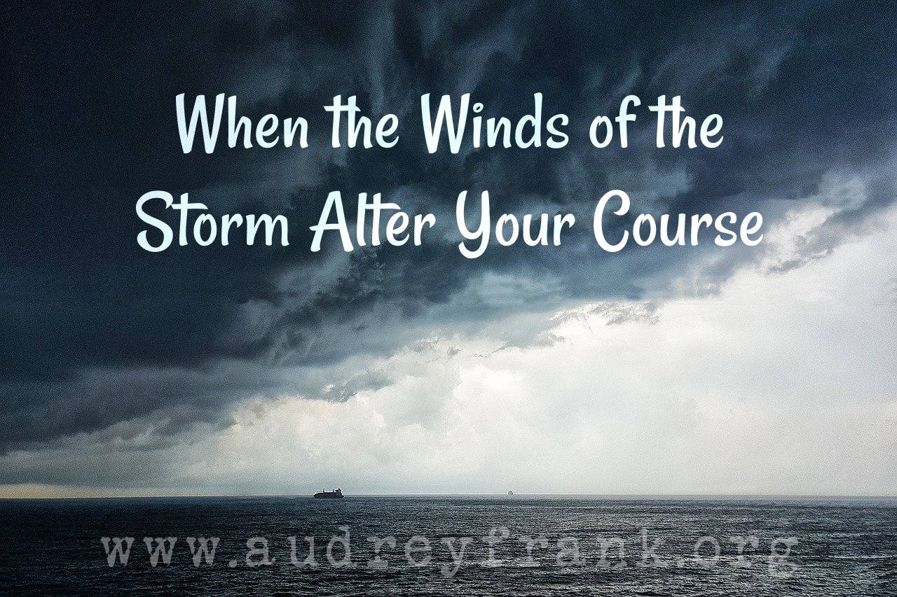 A dark stormy sea with the words when the winds of the storm alter your course