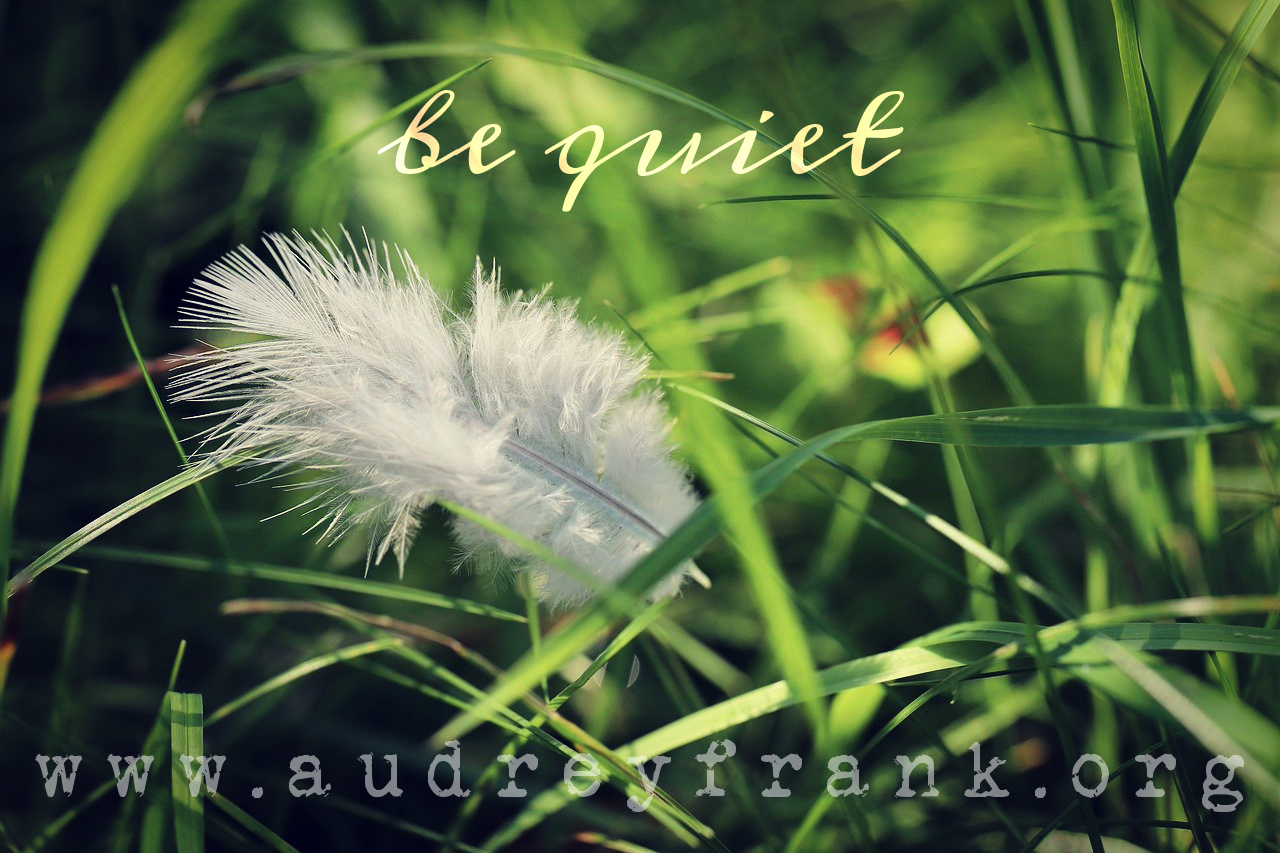 a feather in the grass with the words be quiet