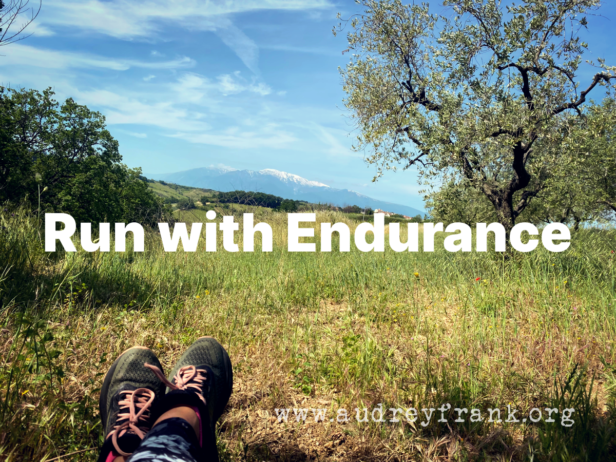 Run With Endurance and a picture of a runner's feet sitting in a meadow at the base of a mountain