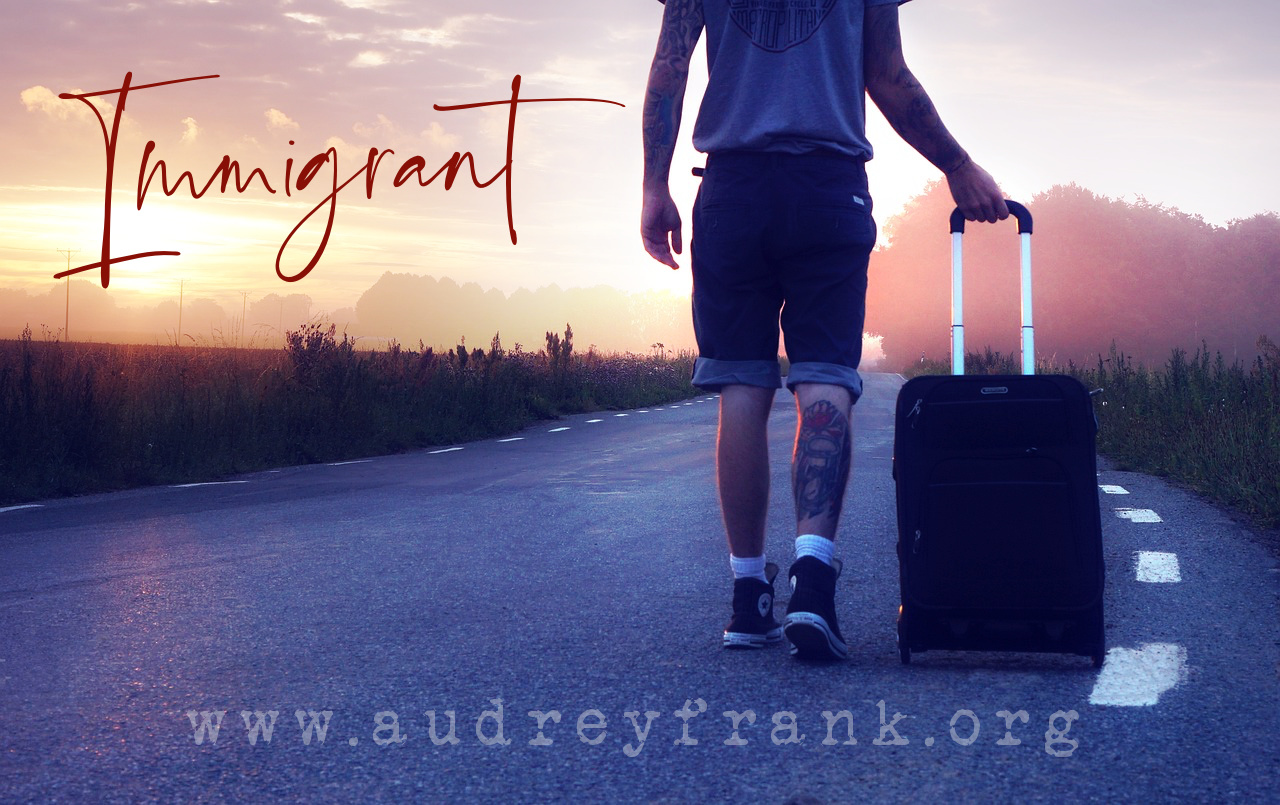 A person walking down a road at sunrise pulling a suitcase with the word "Immigrant" describing the subject of the post.